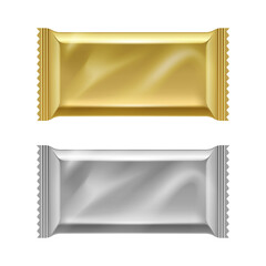 Blank silver and golden foil flow packs set - food packaging vector illustration.