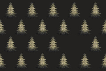 Old gold glitter Christmas trees on black background. Simple festive seamless layout.