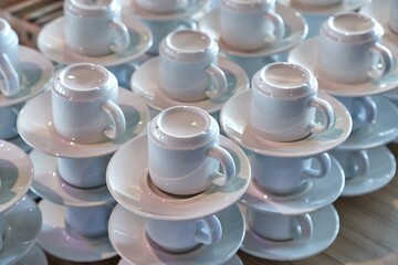Clean coffee cups piled up