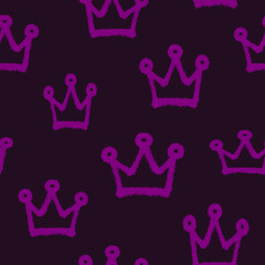 Magenta contour linear ink crowns isolated on dark background. Cute monochrome royal seamless pattern. Vector simple flat graphic hand drawn illustration. Texture.