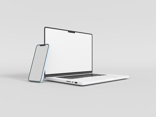 MacBook Pro Laptop and iPhone 13 smartphone in 3D rendered illustration on white background in minimal style for mockup and responsive website. Blank screen Apple laptop computer,  mobile phone 2021. - obrazy, fototapety, plakaty