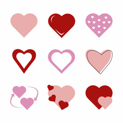 A set of valentines day red and pink hearts. Printable stickers collection. Design elements for Valentine's day. Vector illustration. Design elements