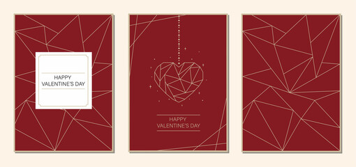 Set of elegant valentine's day cards with golden hanging heart on dark red background. Trending cards with gold accents in geometric style. Ideal for congratulations and invitations. Vector