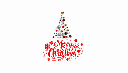 Merry Christmas text on white background with Christmas tree. Festive realistic decoration. Celebrate party 2022, Web Poster, banner, cover card, brochure, flyer, layout design. 3d Illustration