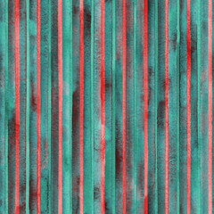 Watercolor red and green stripes background. Colorful striped seamless pattern