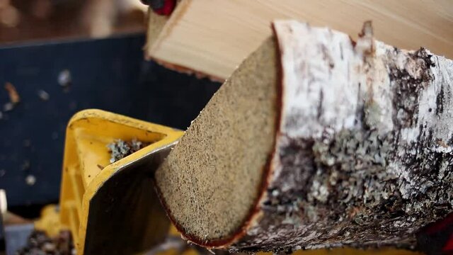 Close up of male hands chopping birch firewood on a hydraulic wood splitter. Sawmill. Birch firewood for fireplac.