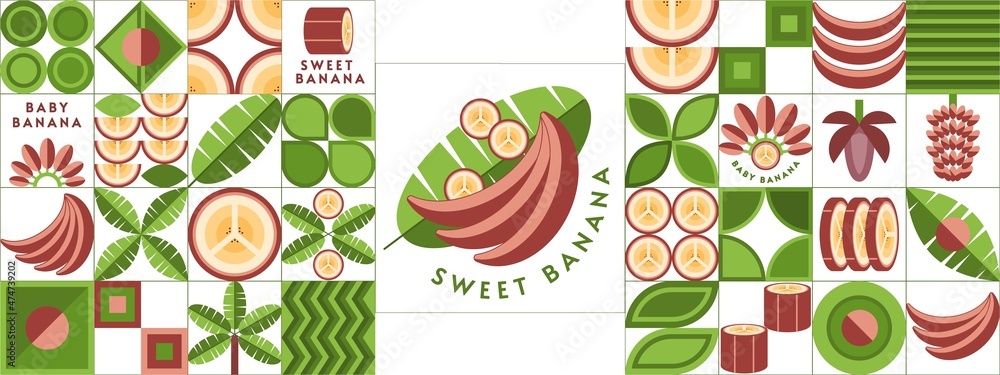 Aufkleber set of red banana design elements and logo in simple geometric style. abstract shapes. good for bran