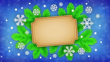 Merry Christmas and Happy New Year blue Background. Christmas tree branches with snow and snowflakes. Old paper Backdrop for text. 4K animation - Powered by Adobe