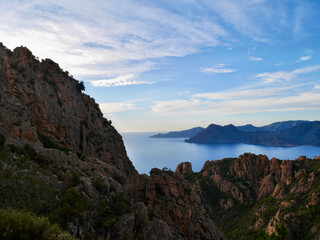 Calanche de Piana, UNESCO world heritage, at sunset. Corsica, France.