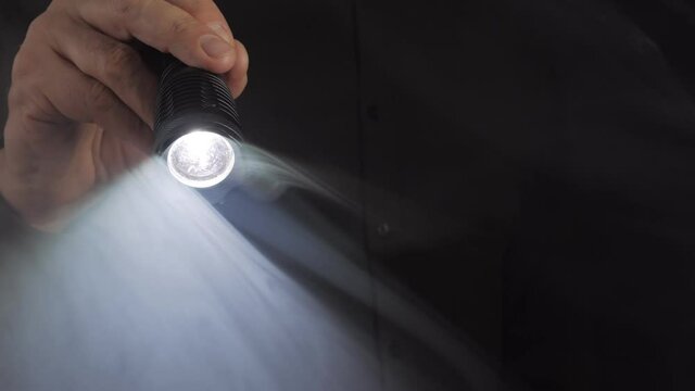 The beam of light from the flashlight moves in complete darkness among the smoke.