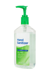 Bottle of hand sanitizer on a white background.