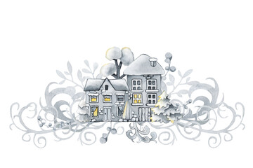 Winter town, Christmas snow houses and angel girl. Hand drawn watercolor illustration isolated on white background