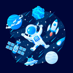 Gradient space illustration with bunch of icon in dark background