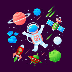 Gradient space illustration with bunch of icon in dark background
