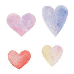 Watercolor illustration of hand painted red, pink, blue hearts with gradient isolated on white. Clip art design set of elements for birthday postcard, wedding invitation. Love card for Valentine's Day