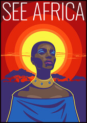 African Woman and Evening Savannah Landscape Poster