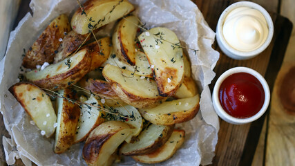 Appetizing French fries with sauces.