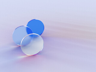 3D rendered round shapes in semi-transparent material on a blue background. Illustration of abstracts, geometry, or minimalism. Visualization of illusion and backgrounds.