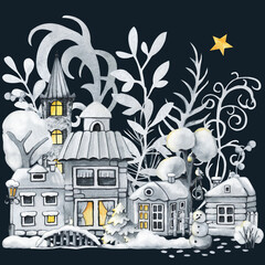 Winter town, Christmas snow houses and angel girl. Hand drawn watercolor illustration on black background