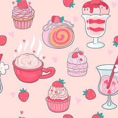 Seamless pattern with strawberry valentine s day food. Vector graphics.