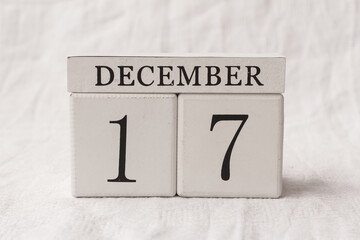 Save the date. December 17th. Day 17 of month, date calendar on white background.  White block calendar present date 17 and month December, Advent, special occasions, website events.