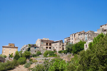 Fototapeta na wymiar Lama, Corsica, 24.07.2020 - Landscape view of Lama, a traditional mountain village in Corsica island, France.
