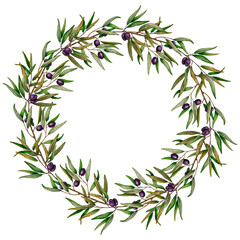 Watercolor wreath of olive branches with fruits. Hand painted floral circle border with olive fruit and tree branches isolated on white background. For design, print and fabric, wedding invites, logo.