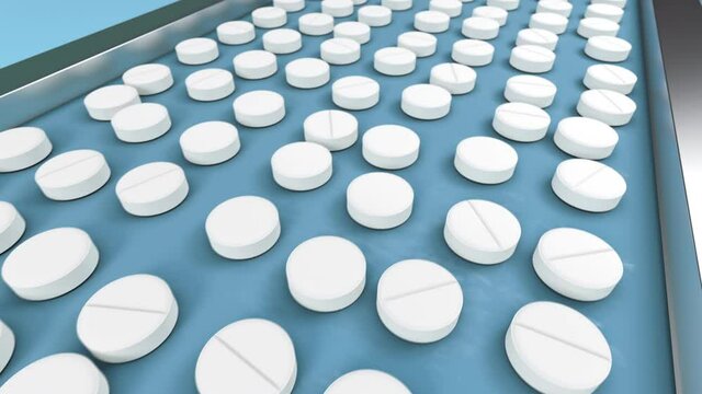 White Pills On The Conveyor Line Of The Pharmaceutical Factory Moving To The Packaging In The Blisters. Pharmacy Industry And Machinery Production Of The Medical Tablets And Antibiotic Pills, Loop.