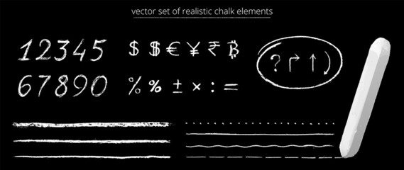 Vector set of chalk elements. Hand drawn digits, arrows, percent and currency signs. Straight, wavy and dashed underline strokes. Realistic piece of chalk. Black background