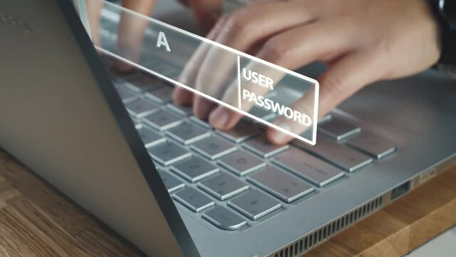 Female person in front of laptop logs into account with username and password. Digital input mask