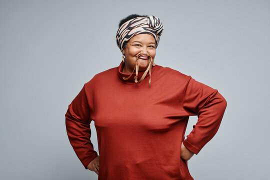 Waist Up Portrait Of Carefree Black Senior Woman Having Fun Against White Background, Copy Space