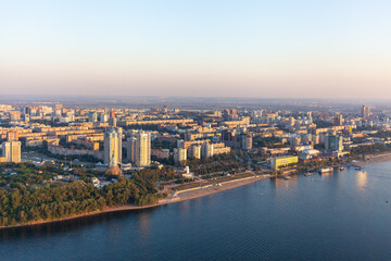 Fototapeta na wymiar The Volga beach and the embankment. Aerial photography. Samara, Russia.
