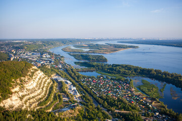 Bald Mountain next to Krasnaya Glinka, view of the Volga. Samara, Russia. Aerial photo.