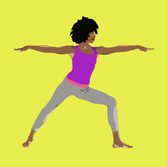 Fototapeta na wymiar Stylish black woman made yoga on yellow background. healthy woman