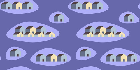 Vector seamless pattern. Houses on Very Peri color background. Property sale. Modern village. Smart Home concept. Geometric purple pastel minimalist shape. Simplicity design. Cute violet print.