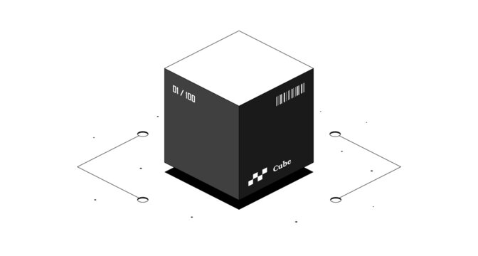 Cube mathematical figure. Black and white isometric 3d illustration isolated on white background. Vector design.