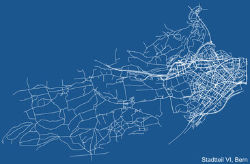 Detailed technical drawing navigation urban street roads map on blue background of the quarter Stadtteil VI Bümpliz-Oberbottigen District of the Swiss capital city of Bern, Switzerland