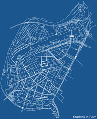 Detailed technical drawing navigation urban street roads map on blue background of the quarter Stadtteil V Breitenrain-Lorraine District of the Swiss capital city of Bern, Switzerland