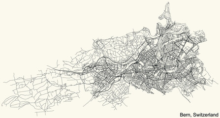 Detailed navigation urban street roads map on vintage beige background of the Swiss capital city of Bern, Switzerland