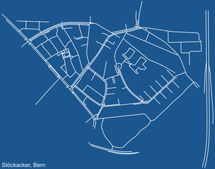Detailed technical drawing navigation urban street roads map on blue background of the district Stöckacker Quarter of the Swiss capital city of Bern, Switzerland