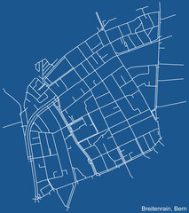 Detailed technical drawing navigation urban street roads map on blue background of the district Breitenrain Quarter of the Swiss capital city of Bern, Switzerland