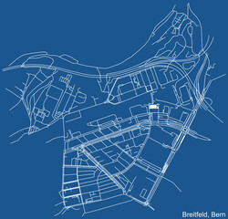 Detailed technical drawing navigation urban street roads map on blue background of the district Breitfeld Quarter of the Swiss capital city of Bern, Switzerland