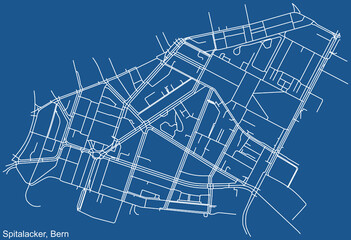 Detailed technical drawing navigation urban street roads map on blue background of the district Spitalacker Quarter of the Swiss capital city of Bern, Switzerland