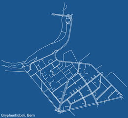 Detailed technical drawing navigation urban street roads map on blue background of the district Gryphenhübeli Quarter of the Swiss capital city of Bern, Switzerland