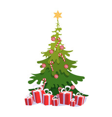 Vector flat christmas tree with present boxes