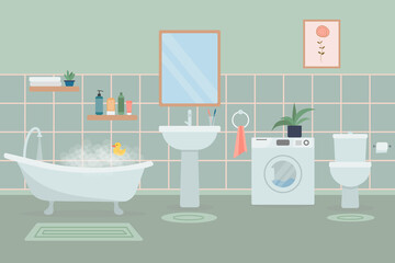 Fototapeta na wymiar Bathroom interior with furniture. Flat vector illustration.