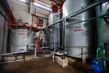 Extraction of gold ore Mining and processing plant of Altynalmas company. Stainless steel chemical reactor. Sodium cyanide NaCN production. Almaty region, Kazakhstan.