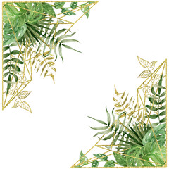 Watercolor geometric angle frame, Exotic gold glitter bohemian frame, Tropical leaves illustration isolated on white background, Hand painted monstera leaf frame, for wedding stationary, greetings