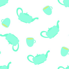 Seamless square vector pattern. Teapot and a cup of hot drink. Seamless pattern in blue shades. 