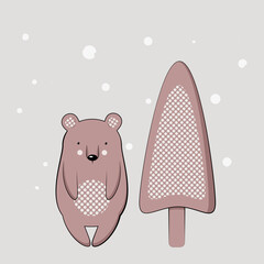 Christmas card with funny, cartoon bear and Christmas tree illustration 
